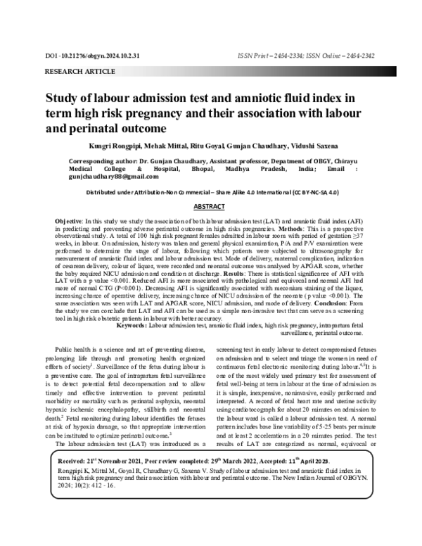 (PDF) Study of labour admission test and amniotic fluid index in term ...