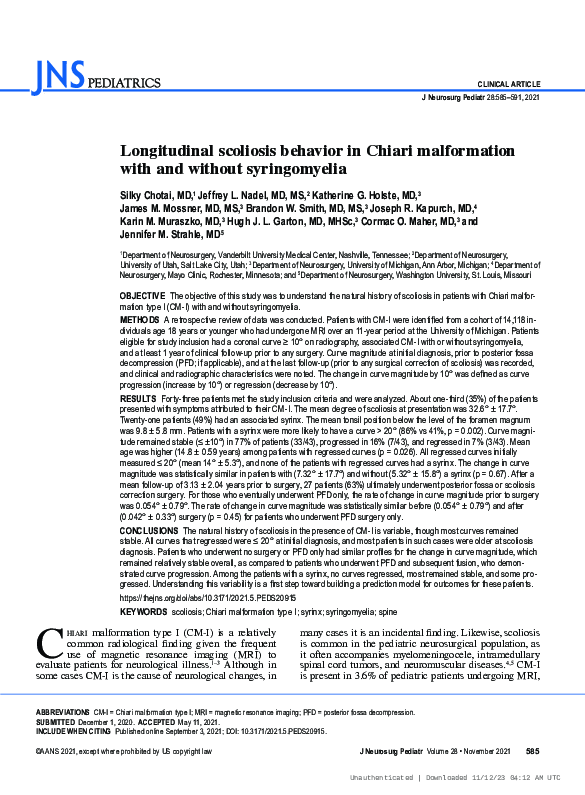 (PDF) Longitudinal scoliosis behavior in Chiari malformation with and ...