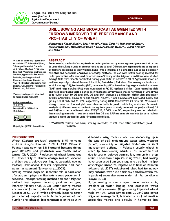 (PDF) DRILL SOWING AND BROADCAST AUGMENTED WITH FURROWS IMPROVED THE ...