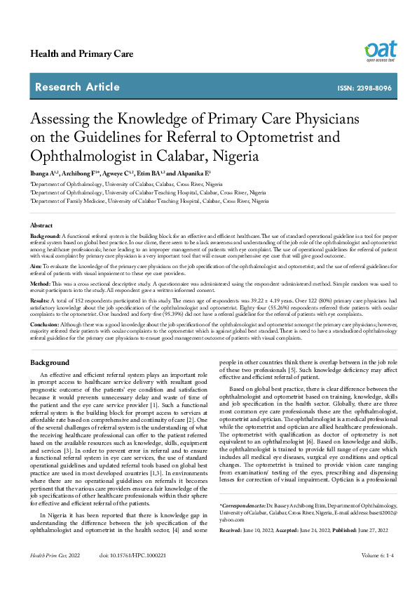 (PDF) Assessing the Knowledge of Primary Care Physicians on the ...
