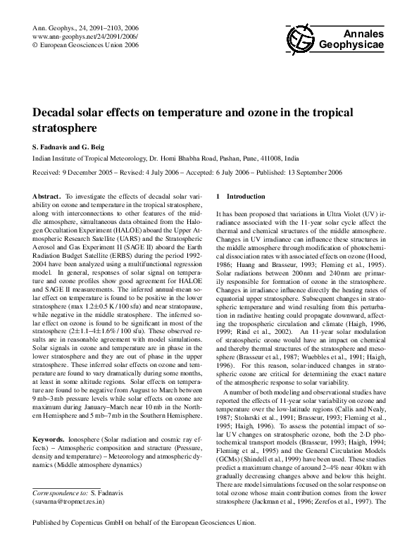 (PDF) Decadal solar effects on temperature and ozone in the tropical ...