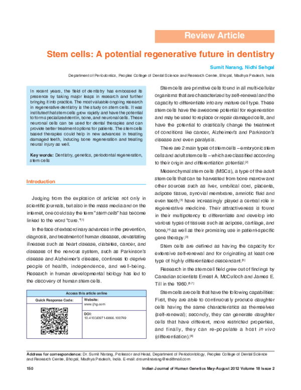 (PDF) Stem cells: A potential regenerative future in dentistry