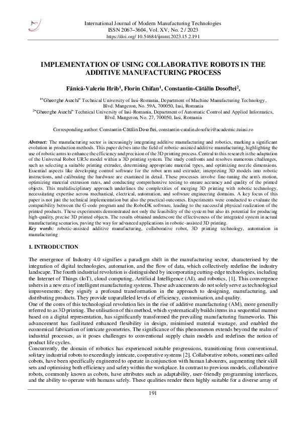 (PDF) Implementation of Using Collaborative Robots in the Additive ...