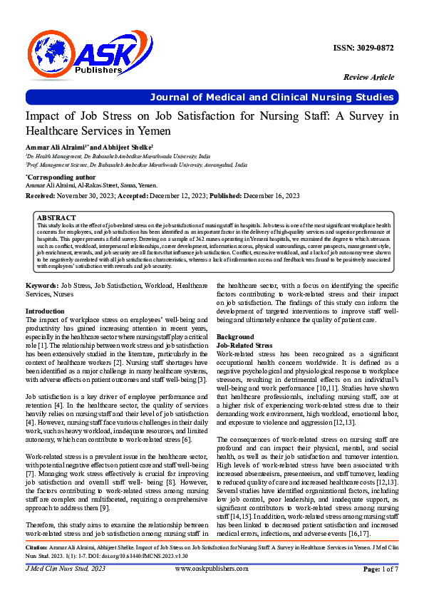 (PDF) Impact of Job Stress on Job Satisfaction for Nursing Staff: A ...