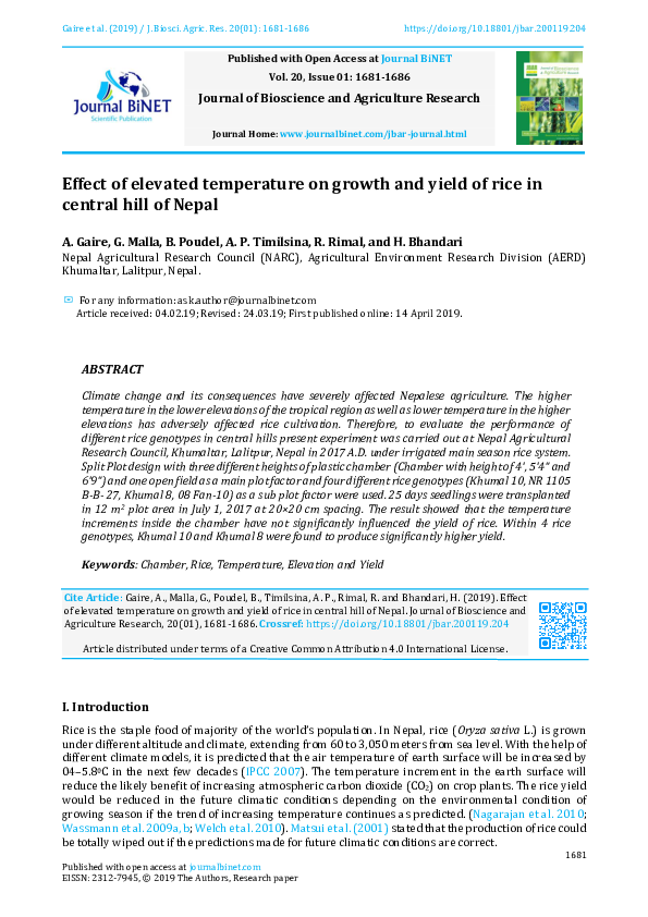 (PDF) Effect of elevated temperature on growth and yield of rice in ...