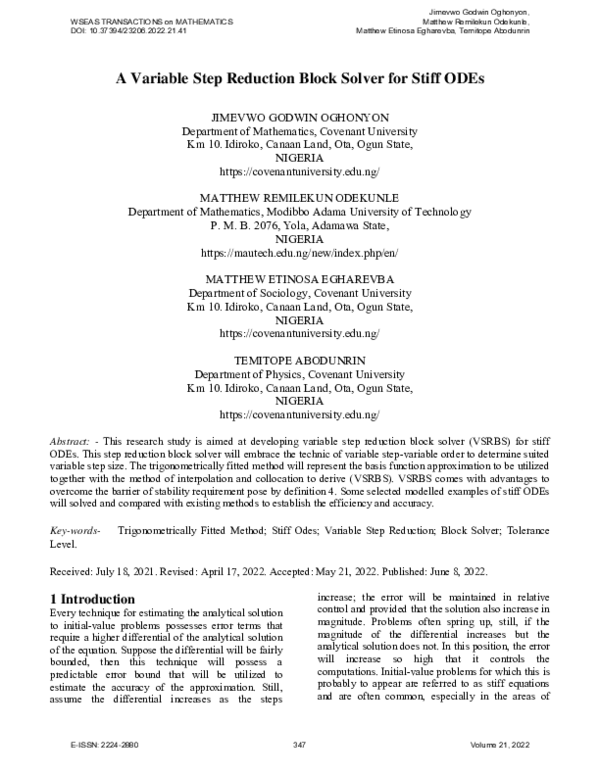(PDF) A Variable Step Reduction Block Solver for Stiff ODEs