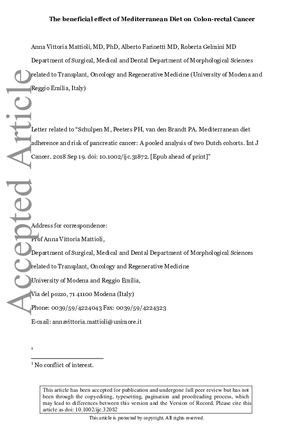 (PDF) The beneficial effect of Mediterranean diet on colorectal cancer