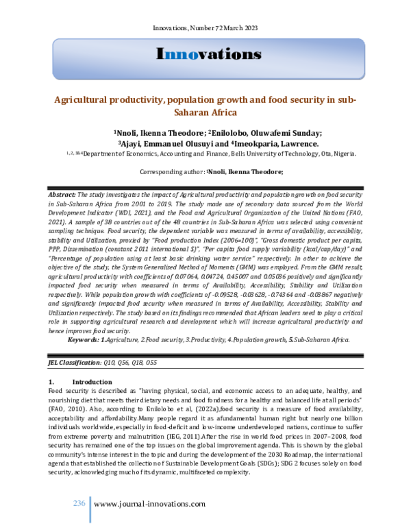 (PDF) Agricultural productivity, population growth and food security in ...