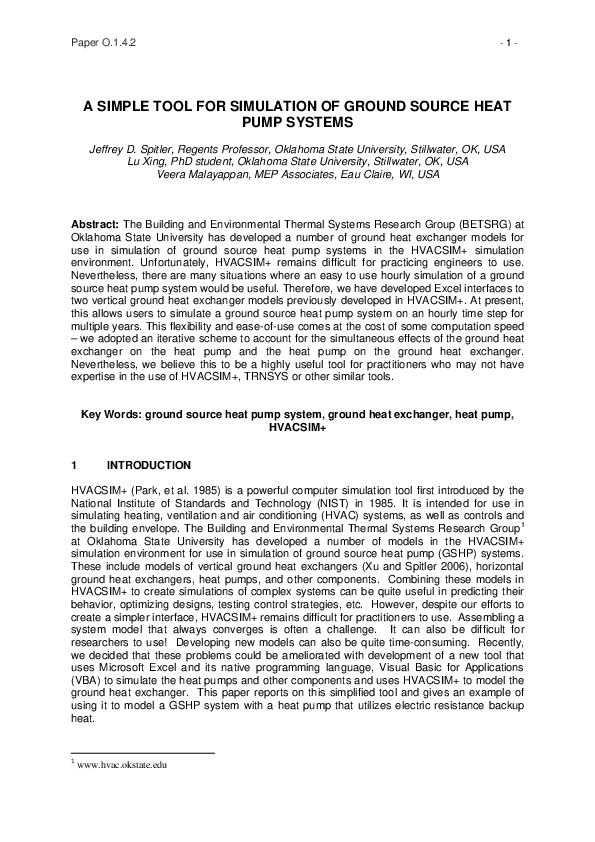 (PDF) A Simple Tool for Simulation of Ground Source Heat Pump Systems