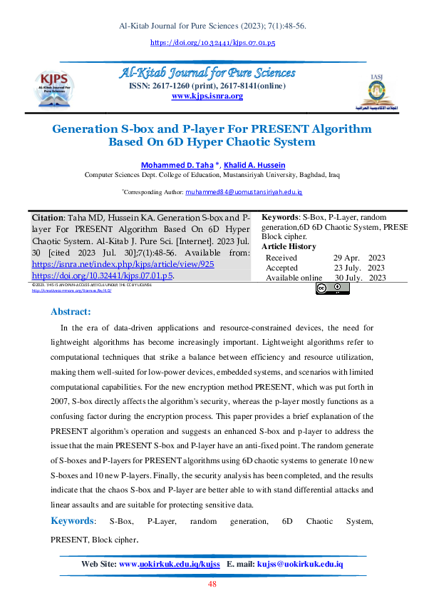 (PDF) Generation S-box and P-layer For PRESENT Algorithm Based On 6D ...