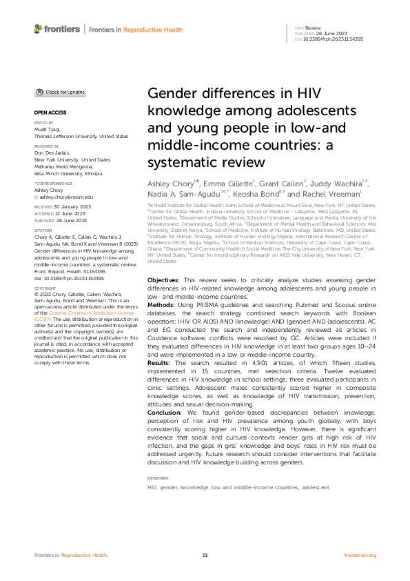 (PDF) Gender differences in HIV knowledge among adolescents and young ...