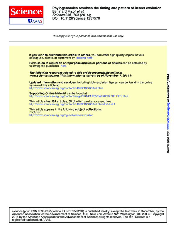 (PDF) Phylogenomics resolves the timing and pattern of insect evolution