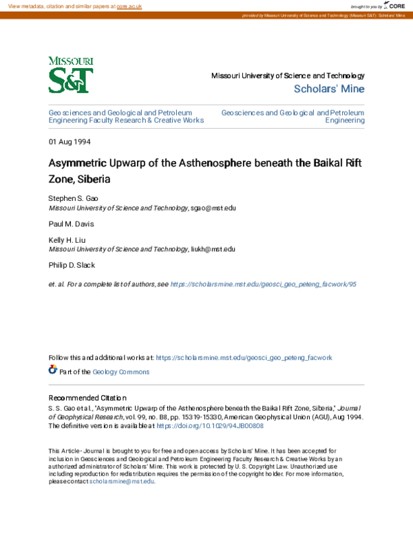 (PDF) Asymmetric upwarp of the asthenosphere beneath the Baikal rift ...