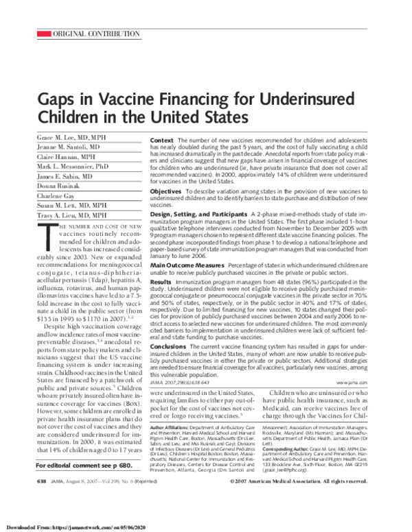 (PDF) Gaps in Vaccine Financing for Underinsured Children in the United ...