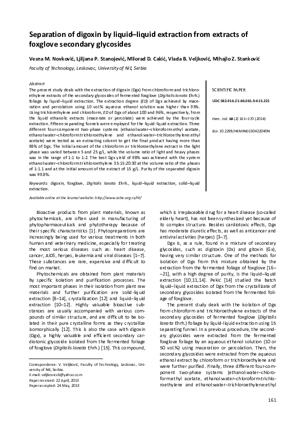 (PDF) Separation of digoxin by liquid-liquid extraction from extracts ...