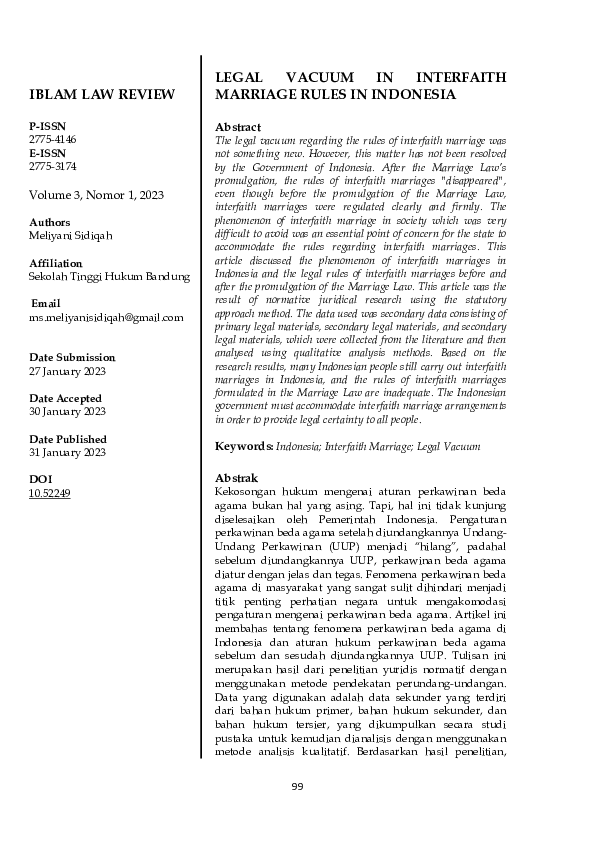 (PDF) Legal Vacuum in Interfaith Marriage Rules in Indonesia