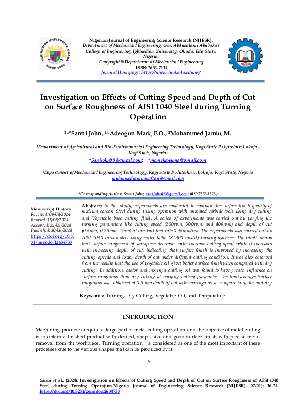 (PDF) Investigation on Effects of Cutting Speed and Depth of Cut on ...