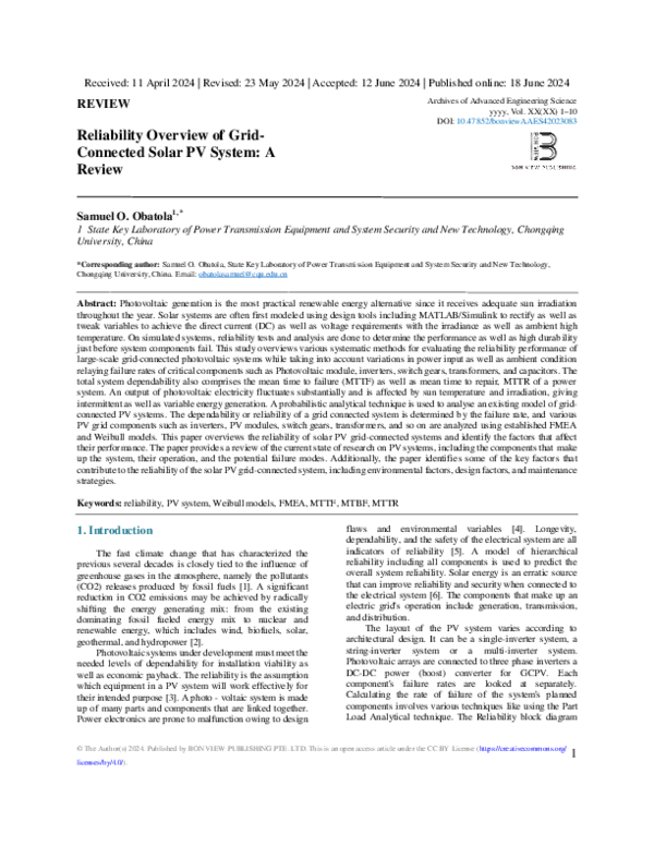 (PDF) Reliability Overview of Grid-Connected Solar PV System: A Review