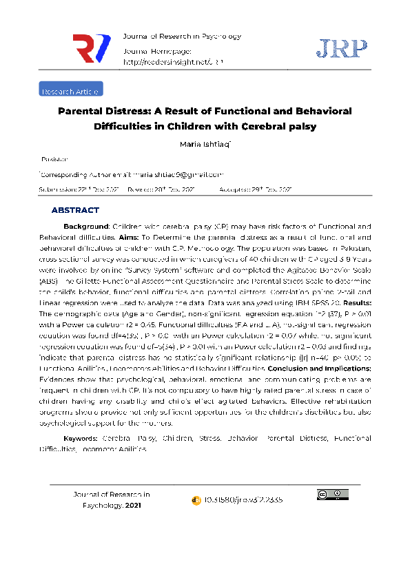 (PDF) Parental Distress: A Result of Functional and Behavioral ...