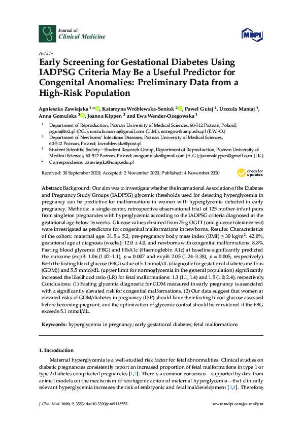 (PDF) Early Screening for Gestational Diabetes Using IADPSG Criteria ...