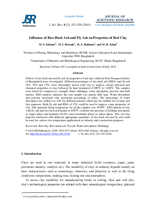 (PDF) Influence of Rice Husk Ash and Fly Ash on Properties of Red Clay