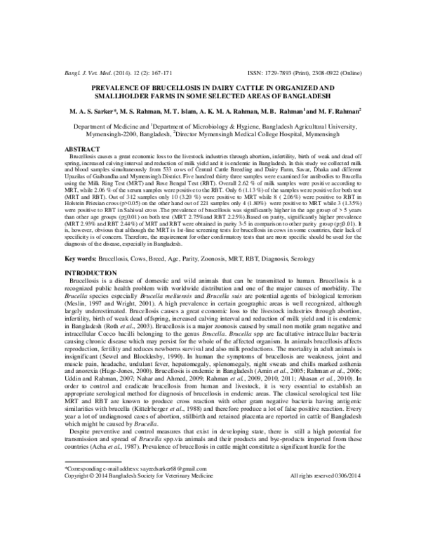 (PDF) Prevalence of Brucellosis in Dairy Cattle in Organized and ...