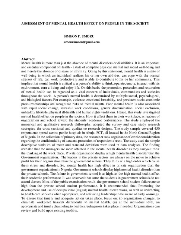 (PDF) ASSESSMENT OF MENTAL HEALTH EFFECT ON PEOPLE IN THE SOCIETY ...