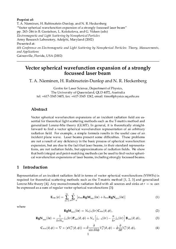 Pdf Vector Spherical Wavefunction Expansion Of A Strongly Focussed