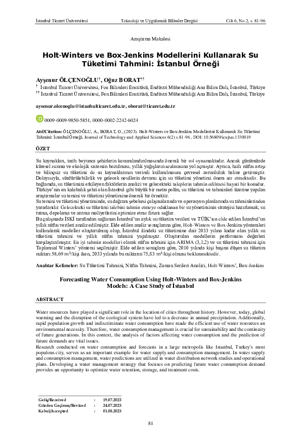 (PDF) Holt‐Winters ve Box‐Jenkins Modellerini Kullanarak Su Tüketimi ...