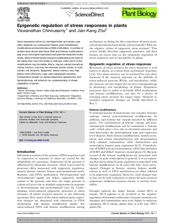 (PDF) Epigenetic regulation of stress responses in plants