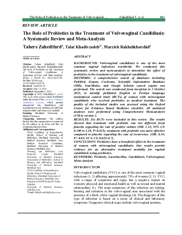 The Role of Probiotics in the Treatment of Vulvovaginal Candidiasis: A Systematic Review and Meta-Analysis