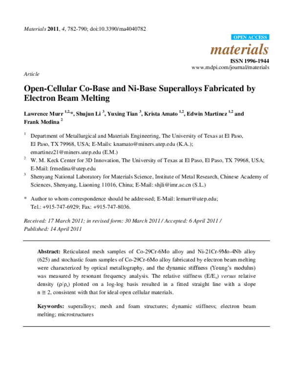 (PDF) Open-Cellular Co-Base and Ni-Base Superalloys Fabricated by ...