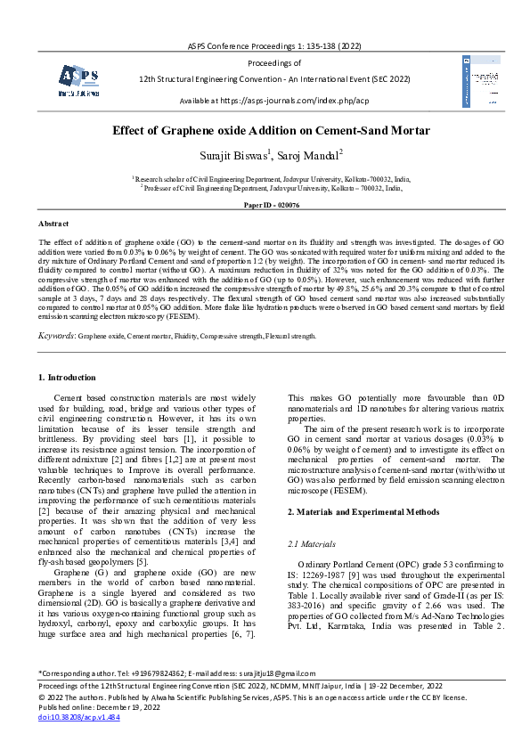 (PDF) Effect of Graphene oxide Addition on Cement-Sand Mortar