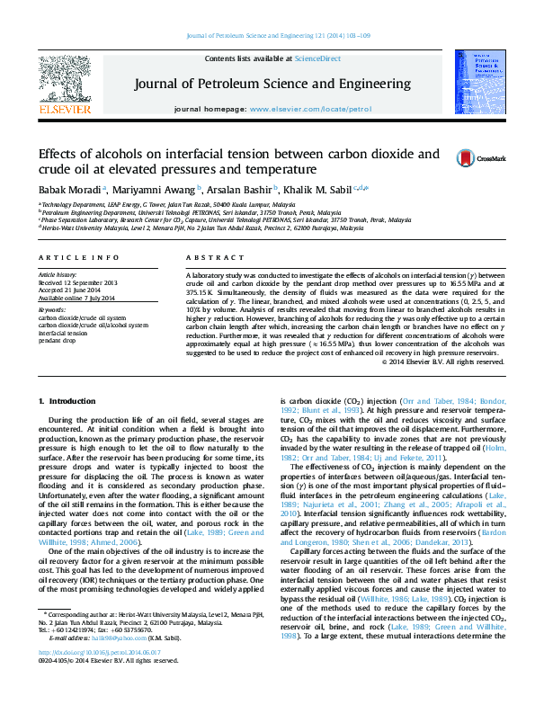 (PDF) Effects of alcohols on interfacial tension between carbon dioxide ...