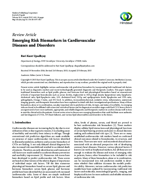 (PDF) Emerging Risk Biomarkers in Cardiovascular Diseases and Disorders