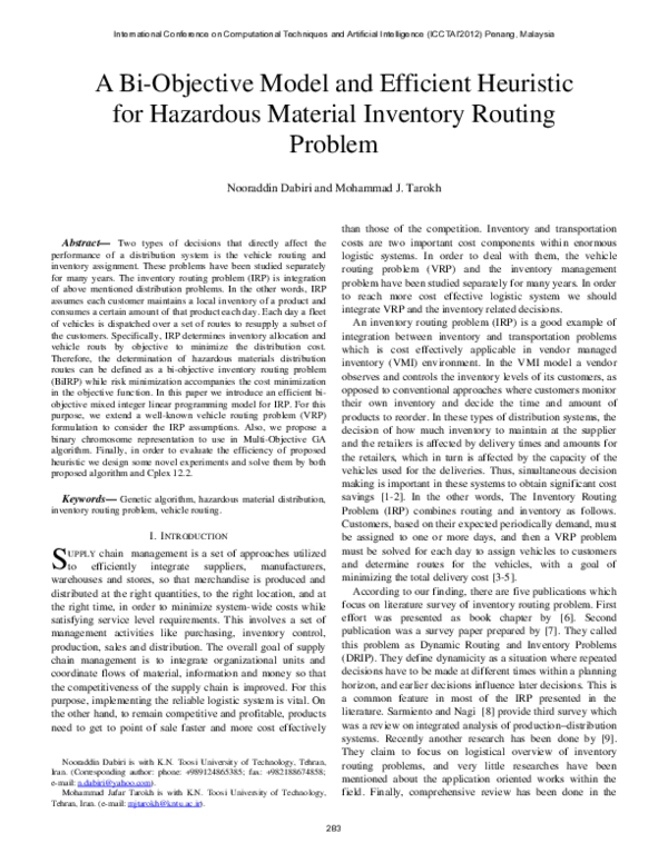 (PDF) A Bi-Objective Model and Efficient Heuristic for Hazardous ...
