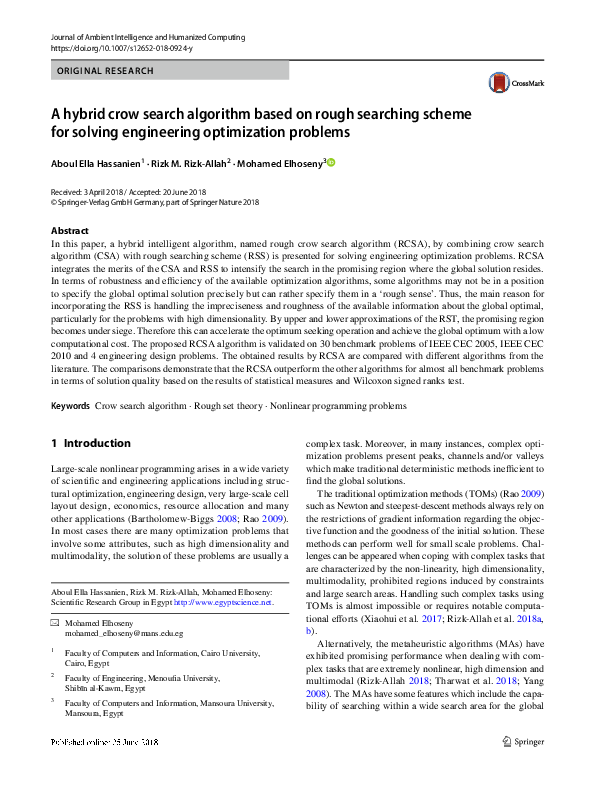 (PDF) A hybrid crow search algorithm based on rough searching scheme ...