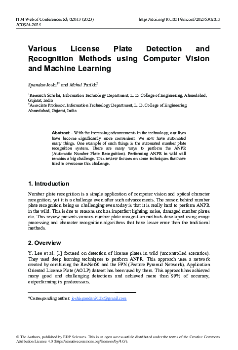 (PDF) Various License Plate Detection and Recognition Methods using ...