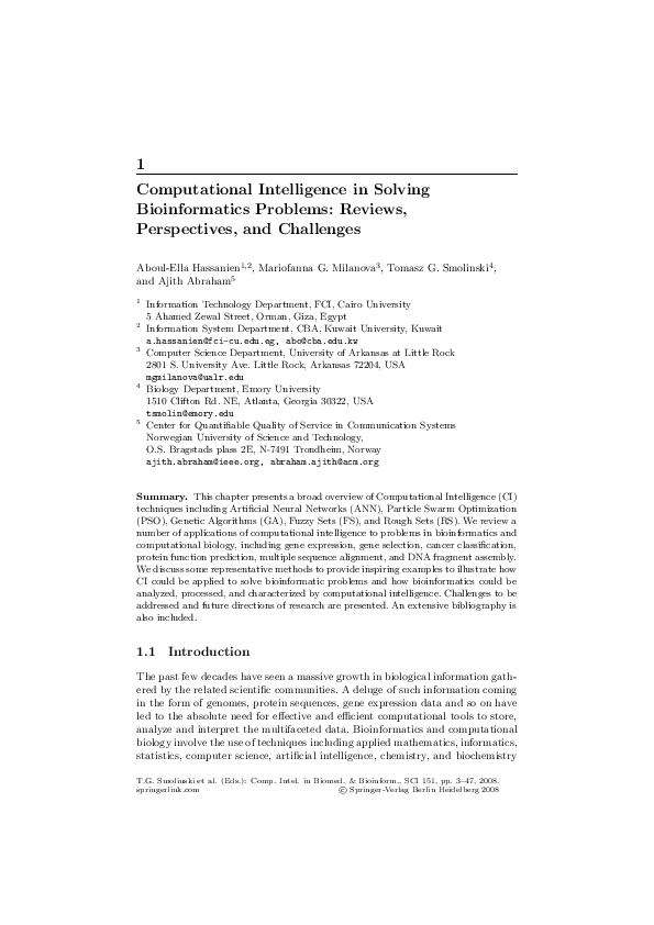 (PDF) Computational intelligence in solving bioinformatics problems