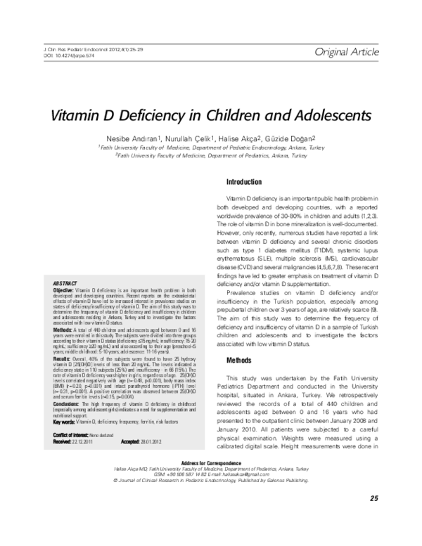 (PDF) Vitamin D Deficiency in Children and Adolescents