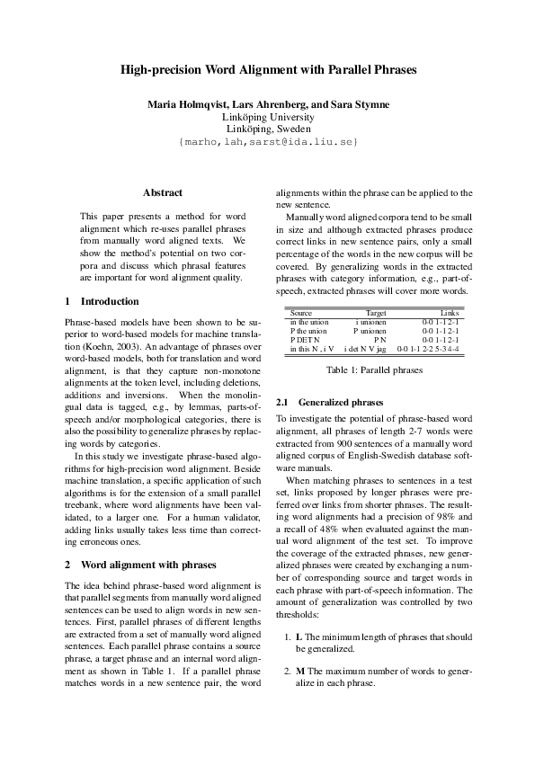 (PDF) High-Precision Word Alignment With Parallel Phrases