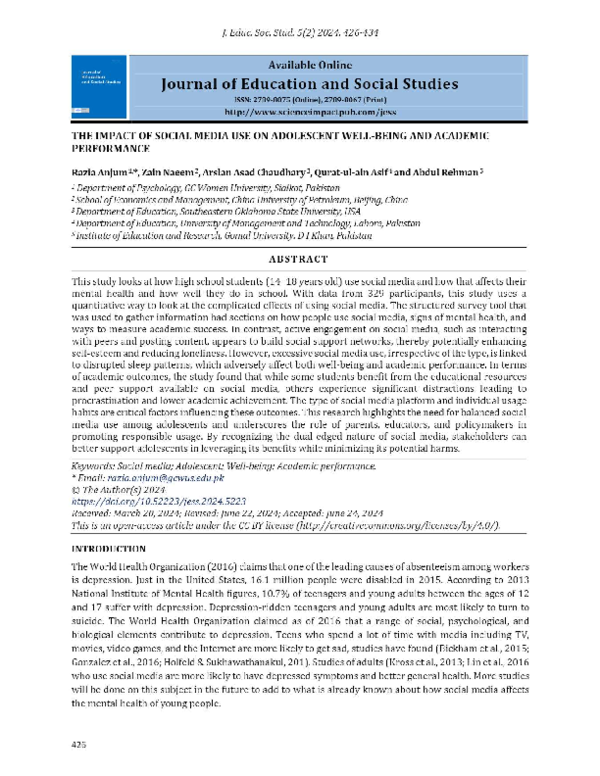 (PDF) The Impact of Social Media Use on Adolescent Well-Being and ...
