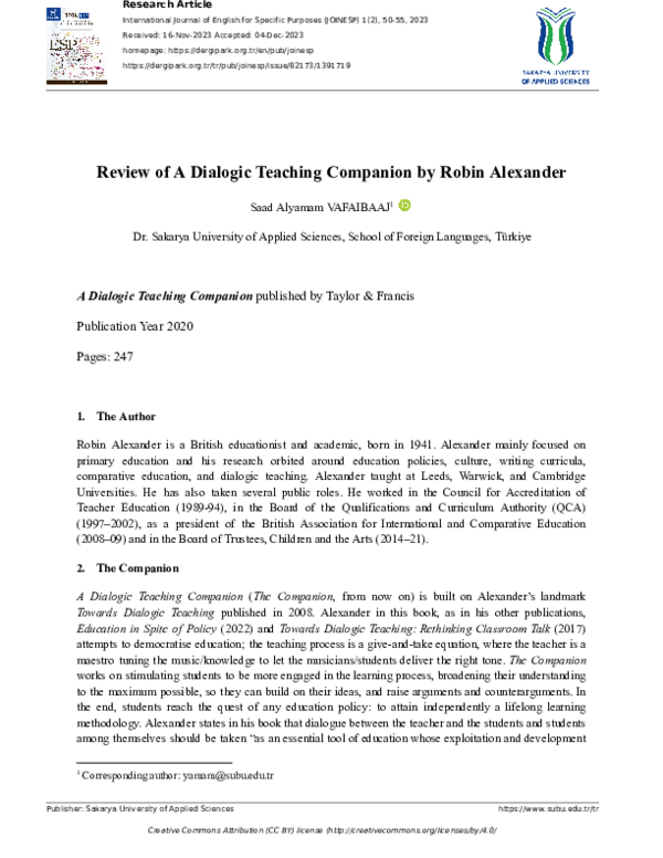 (PDF) Review of A Dialogic Teaching Companion by Robin Alexander