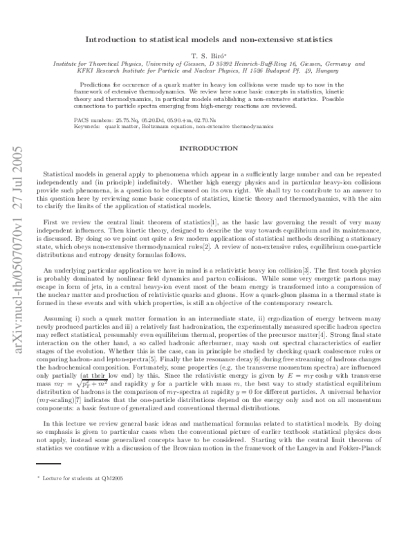 (PDF) Introduction to statistical models and non-extensive statistics