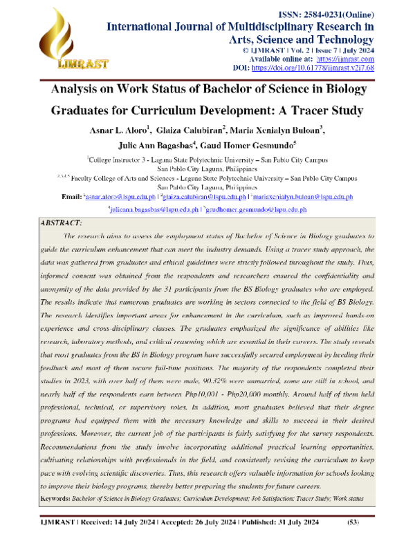 (PDF) Analysis on Work Status of Bachelor of Science in Biology ...