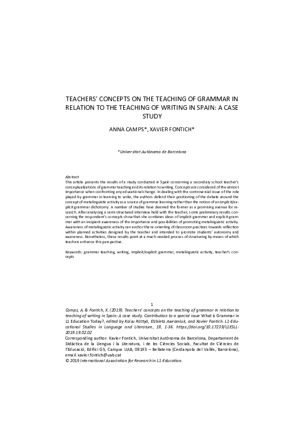 Teachers’ concepts on the teaching of grammar in relation to the teaching of writing in Spain: A case study