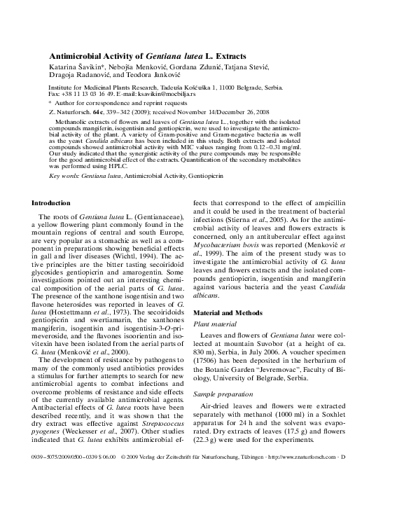 (PDF) Antimicrobial Activity of Gentiana lutea L. Extracts