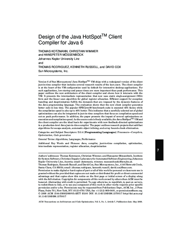 (PDF) Design of the Java HotSpot™ client compiler for Java 6