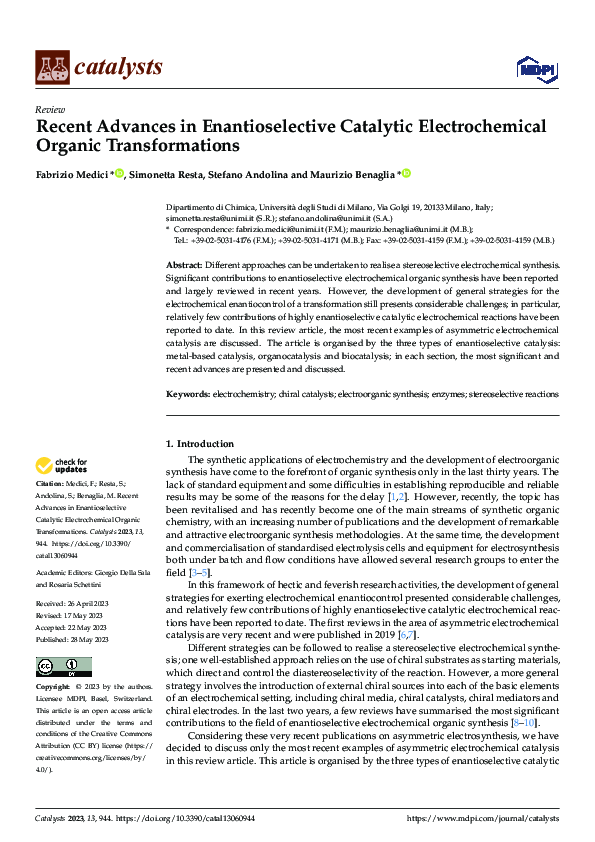 (PDF) Recent Advances in Enantioselective Catalytic Electrochemical ...
