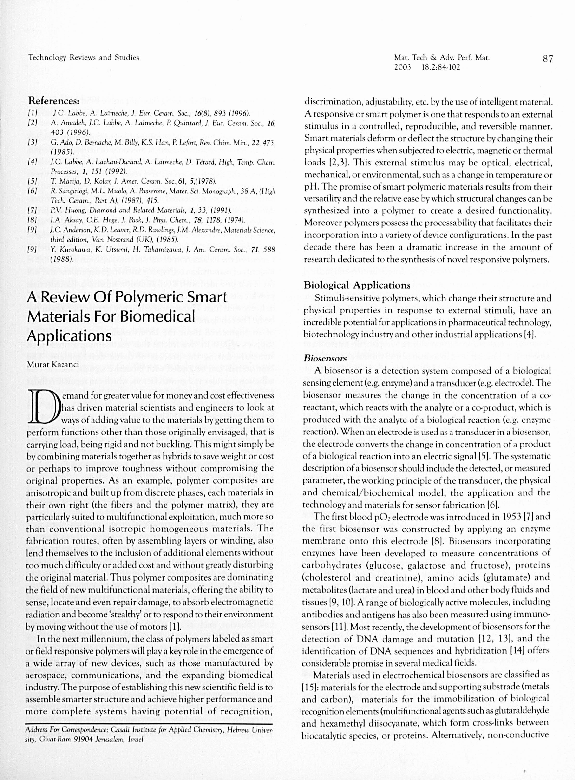 (PDF) A Review Of Polymeric Smart Materials For Biomedical Applications